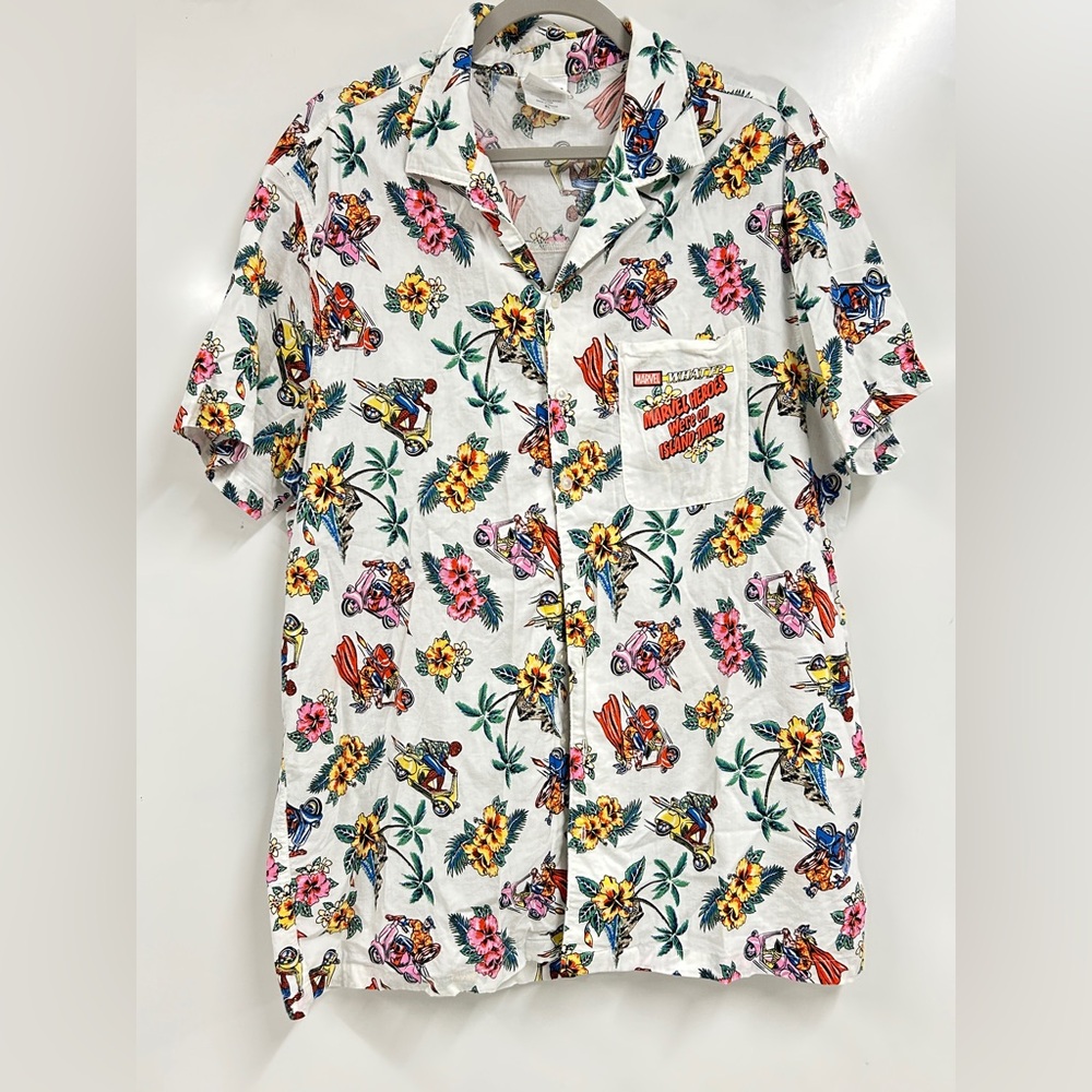 Marvel White Tropical Floral & Character Print Casual Button Down Shirt
